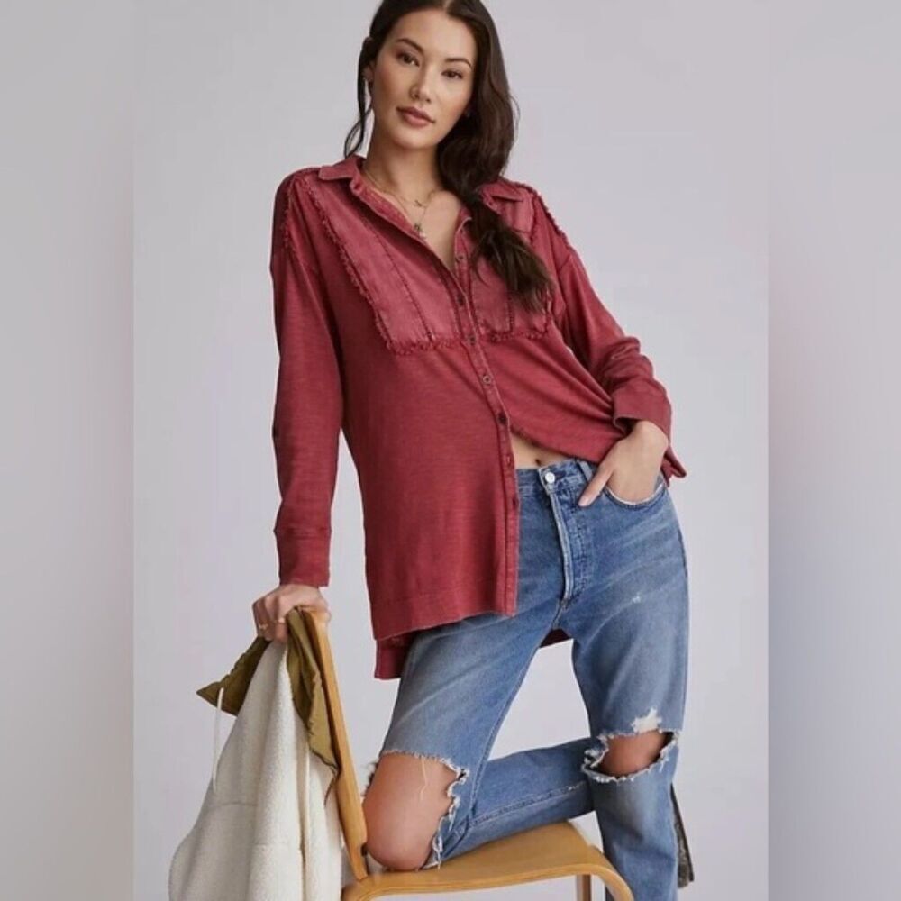 Anthropologie Pilcro Frayed Button Down Tunic Size XS Wine Berry Boho
